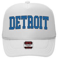 Detroit Blue Retro Vintage Distressed Arched Text High Crown Mesh Back Trucker Hat