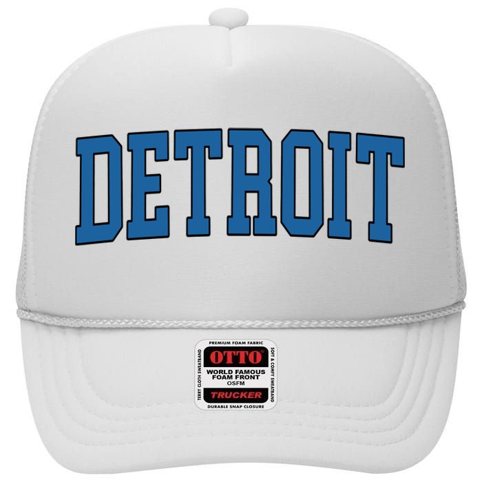 Detroit Blue Retro Vintage Distressed Arched Text High Crown Mesh Back Trucker Hat