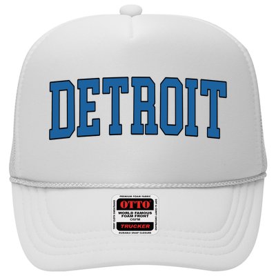 Detroit Blue Retro Vintage Distressed Arched Text Trucker Hat