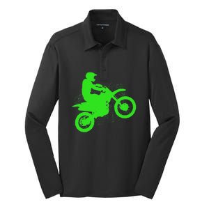 Dirt Bike Rider Tire Tracks Neon Green Silk Touch Performance Long Sleeve Polo