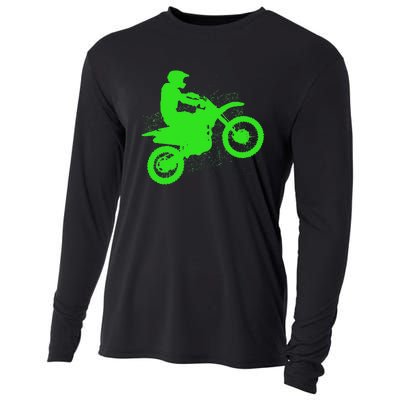 Dirt Bike Rider Tire Tracks Neon Green Cooling Performance Long Sleeve Crew