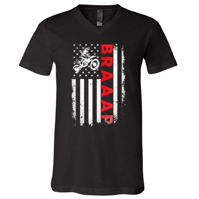 Dirt Bike Racing USA US American Flag Botocross V-Neck T-Shirt