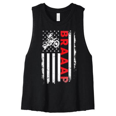 Dirt Bike Racing USA US American Flag Botocross Women's Racerback Cropped Tank