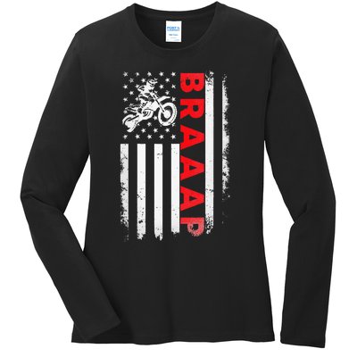 Dirt Bike Racing USA US American Flag Botocross Ladies Long Sleeve Shirt