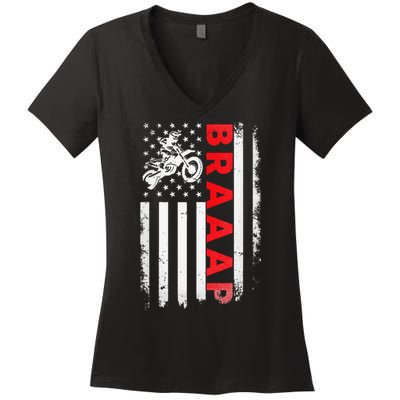 Dirt Bike Racing USA US American Flag Botocross Women's V-Neck T-Shirt