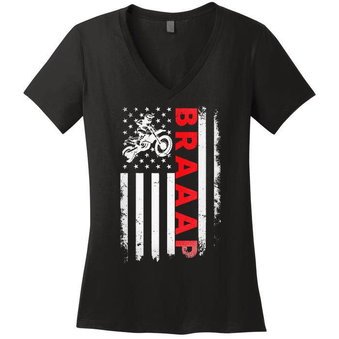 Dirt Bike Racing USA US American Flag Botocross Women's V-Neck T-Shirt