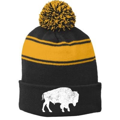 Distressed Buffalo Retro Bison Animal Lover Stripe Pom Pom Beanie