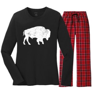 Distressed Buffalo Retro Bison Animal Lover Women's Long Sleeve Flannel Pajama Set 