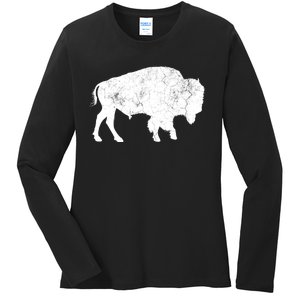 Distressed Buffalo Retro Bison Animal Lover Ladies Long Sleeve Shirt