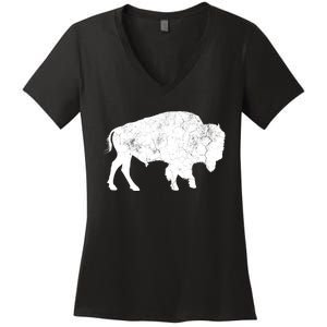 Distressed Buffalo Retro Bison Animal Lover Women's V-Neck T-Shirt