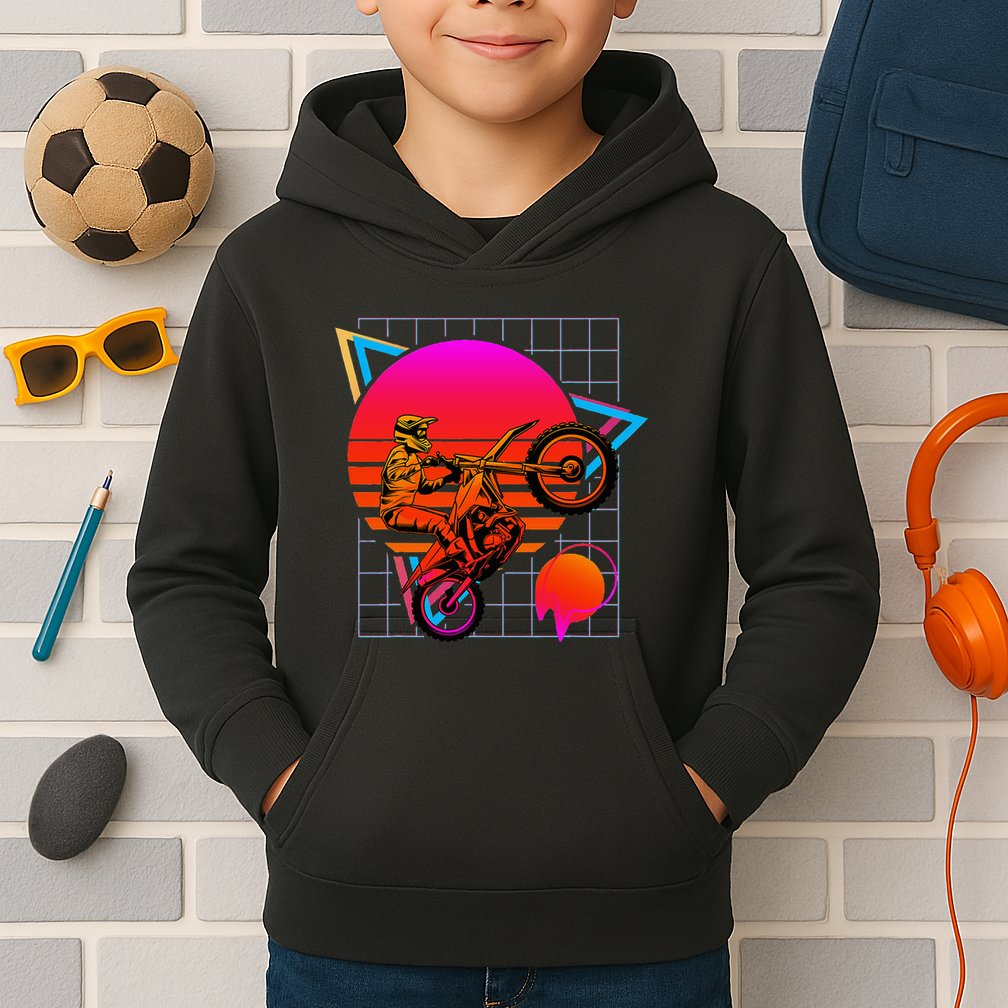 Dirt Bike Retro 80s Style Vintage Motocross Kids Hoodie
