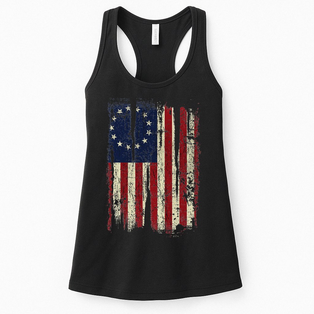 Distressed Betsy Ross American Flag 13 Star Colonies Patriot Womens Tank Top