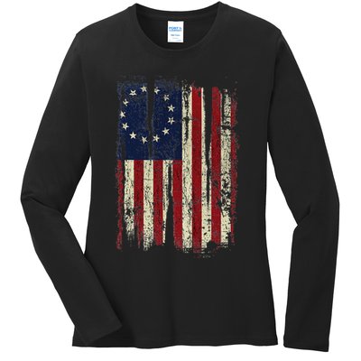 Distressed Betsy Ross American Flag 13 Star Colonies Patriot Ladies Long Sleeve Shirt