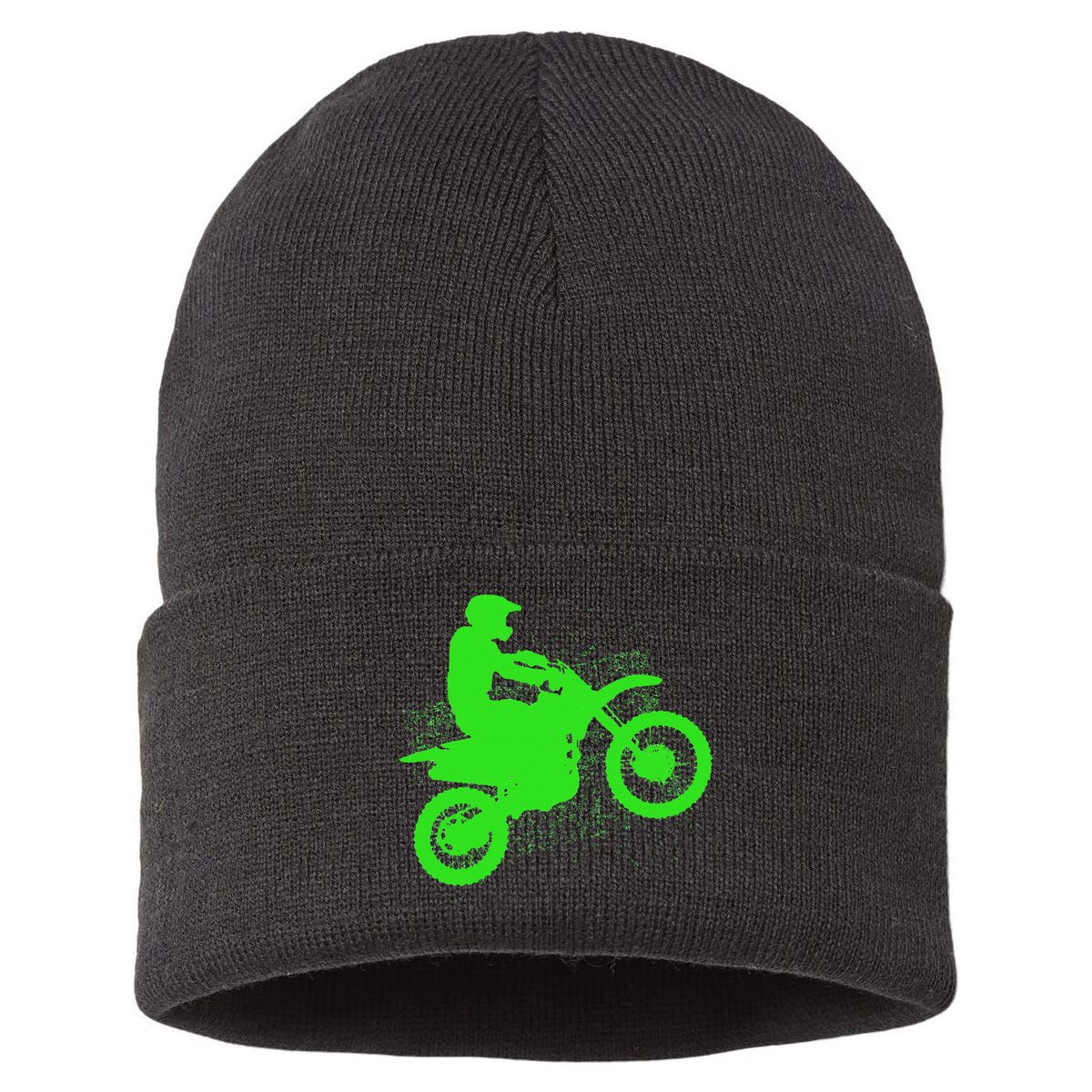 Dirt Bike Rider Tire Tracks Neon Green Sustainable Knit Beanie