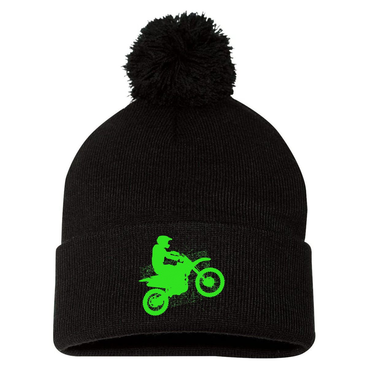 Dirt Bike Rider Tire Tracks Neon Green Pom Pom 12in Knit Beanie