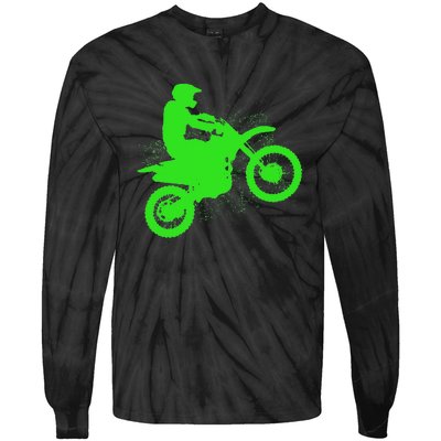 Dirt Bike Rider Tire Tracks Neon Green Tie-Dye Long Sleeve Shirt