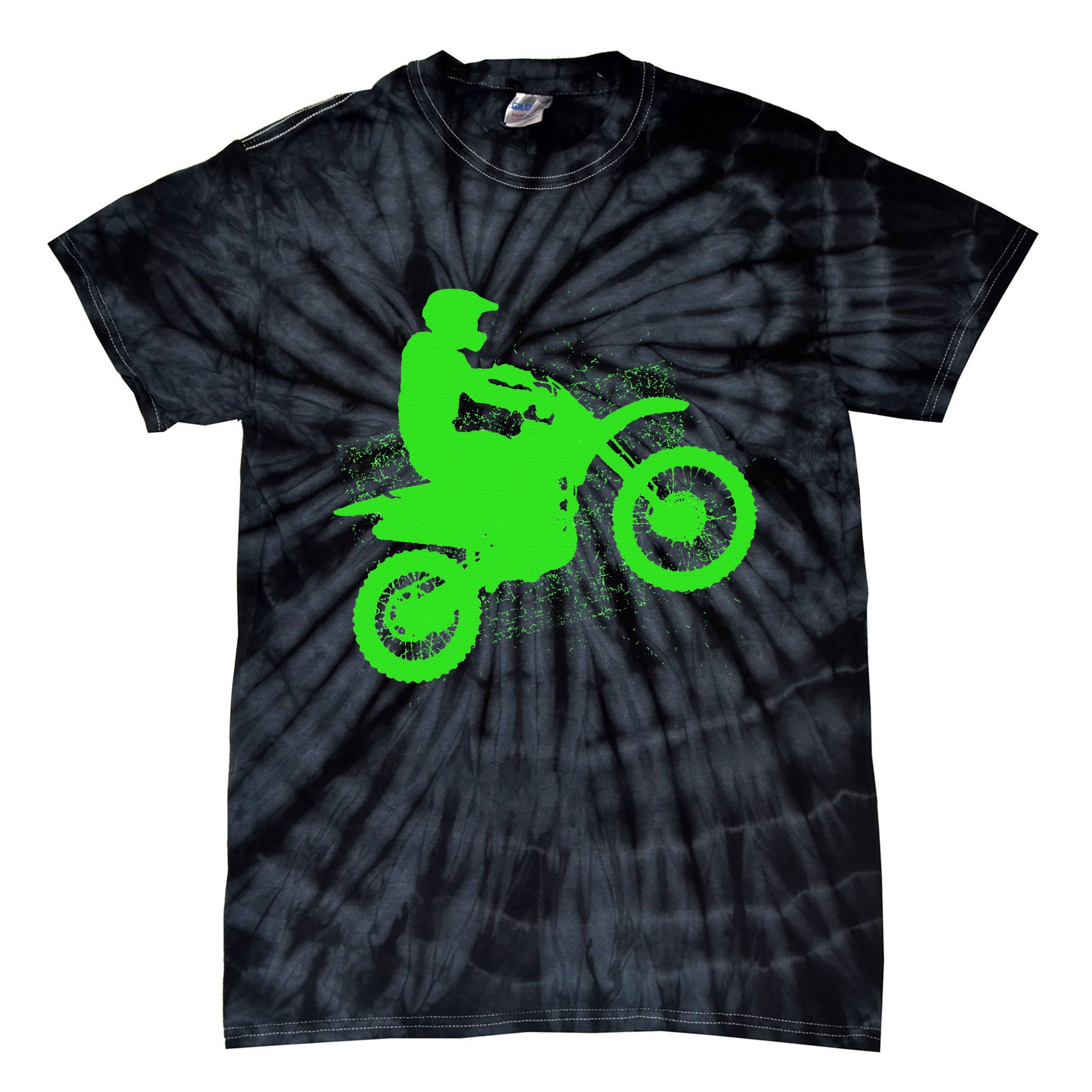 Dirt Bike Rider Tire Tracks Neon Green Tie-Dye T-Shirt