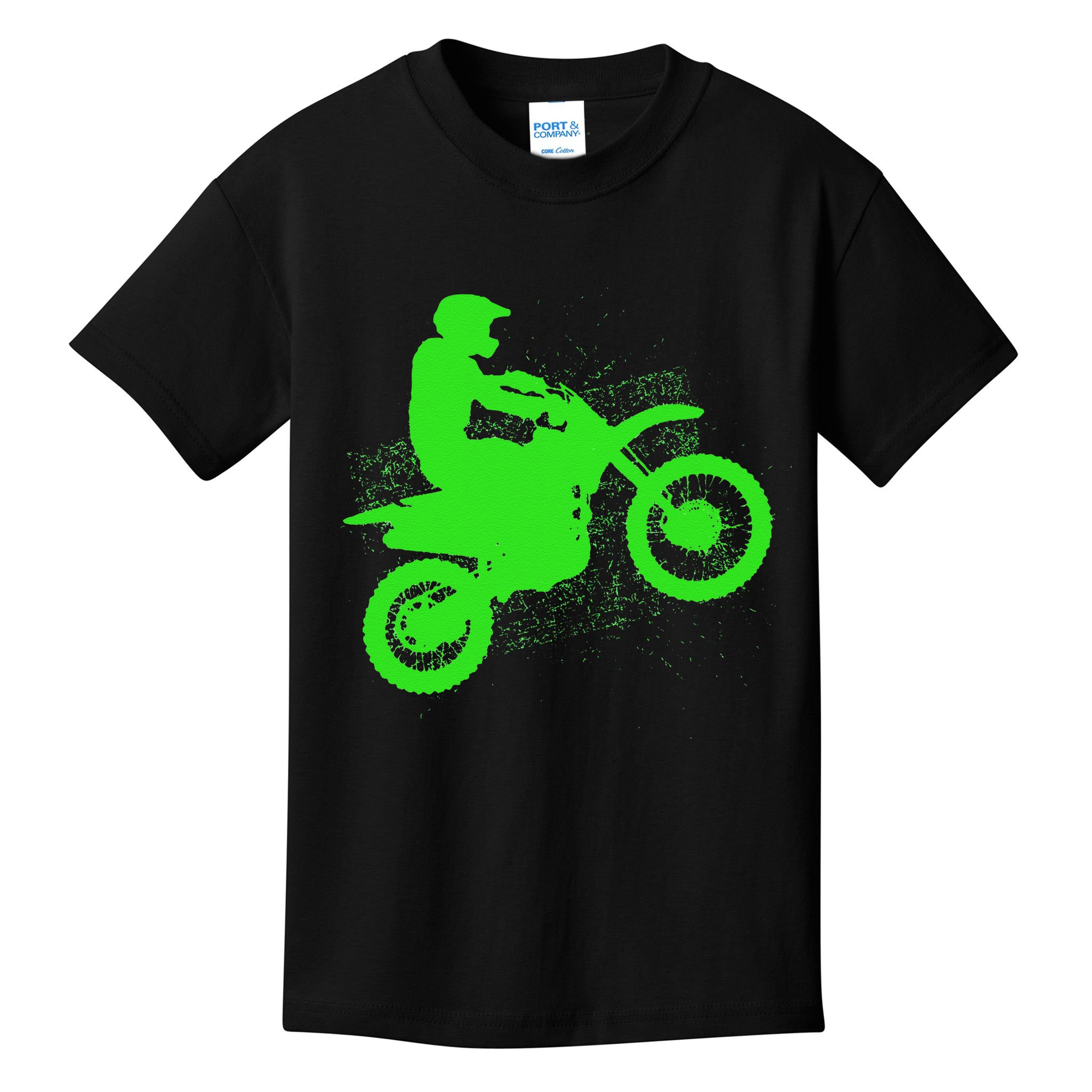 Dirt Bike Rider Tire Tracks Neon Green Kids T-Shirt