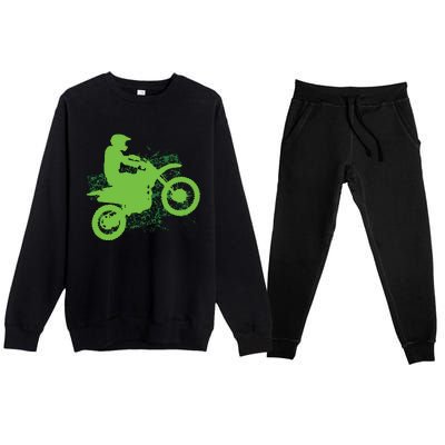 Dirt Bike Rider Tire Tracks Neon Green Premium Crewneck Sweatsuit Set