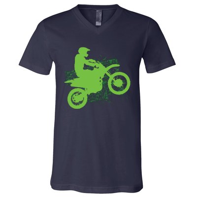 Dirt Bike Rider Tire Tracks Neon Green V-Neck T-Shirt