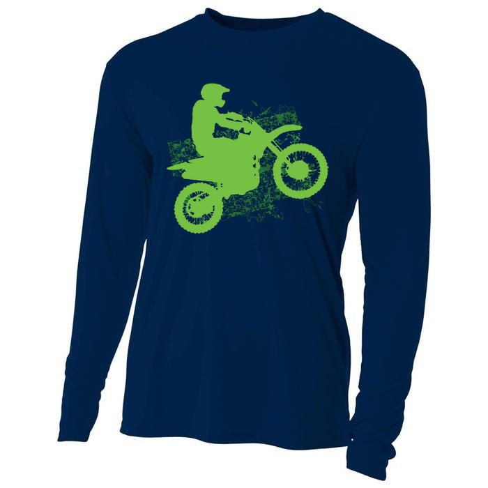 Dirt Bike Rider Tire Tracks Neon Green Cooling Performance Long Sleeve Crew