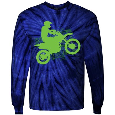 Dirt Bike Rider Tire Tracks Neon Green Tie-Dye Long Sleeve Shirt