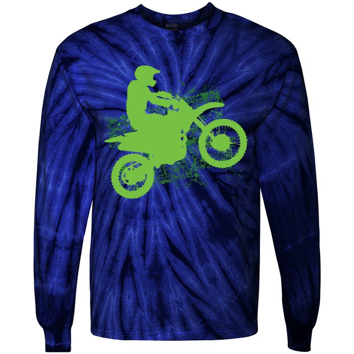 Dirt Bike Rider Tire Tracks Neon Green Tie-Dye Long Sleeve Shirt