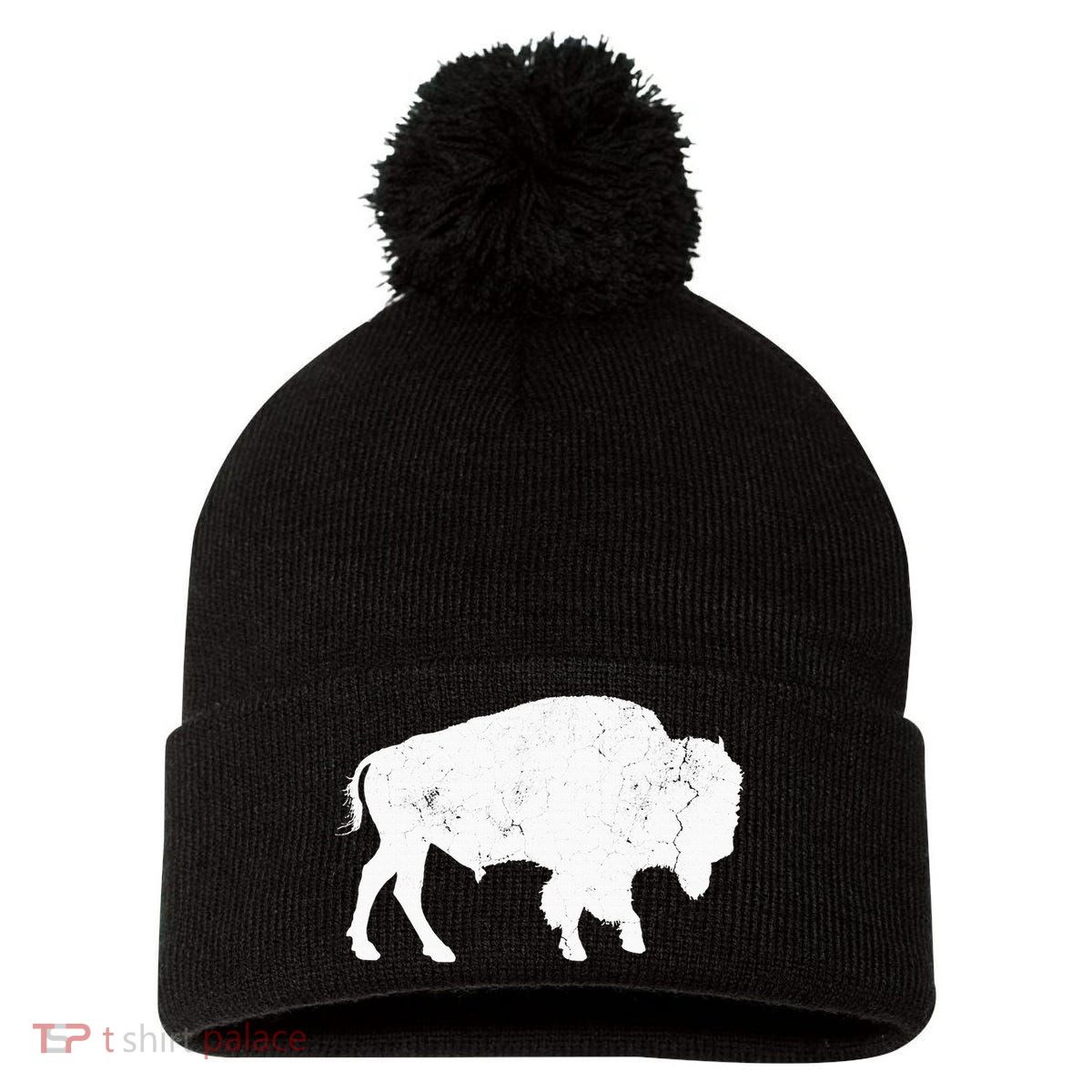 Distressed Buffalo Retro Bison Animal Lover Pom Pom 12in Knit Beanie