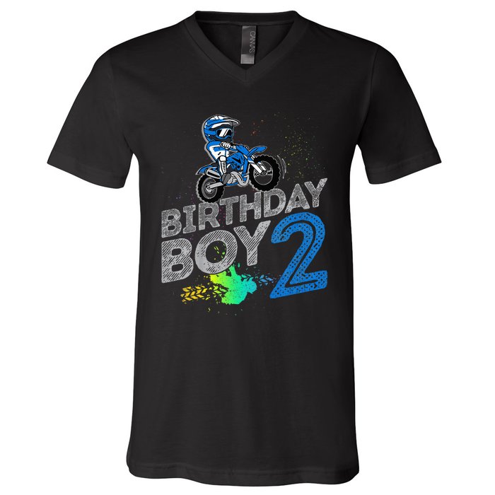 Dirt Bike Rider 2 Years Old Motocross 2nd Birthday Boy V-Neck T-Shirt