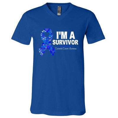 Dark Blue Ribbon Cancer Survivor Colorectal Cancer Awareness Cute Gift V-Neck T-Shirt