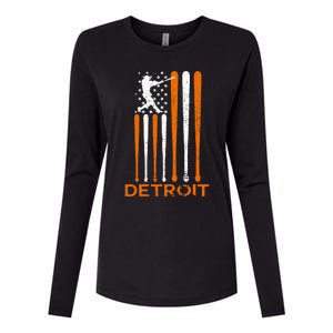 Detroit Baseball Soul American Us Flag Womens Cotton Relaxed Long Sleeve T-Shirt