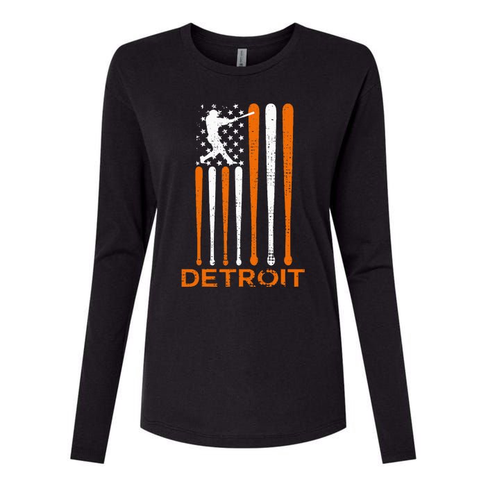 Detroit Baseball Soul American Us Flag Womens Cotton Relaxed Long Sleeve T-Shirt