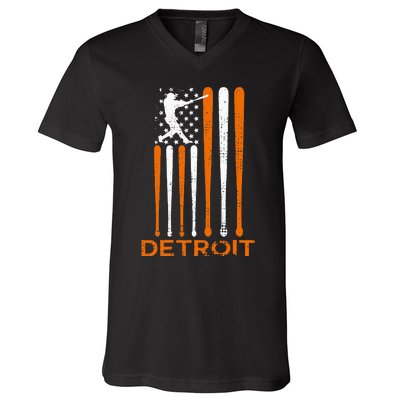 Detroit Baseball Soul American Us Flag V-Neck T-Shirt