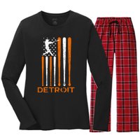 Detroit Baseball Soul American Us Flag Women's Long Sleeve Flannel Pajama Set 