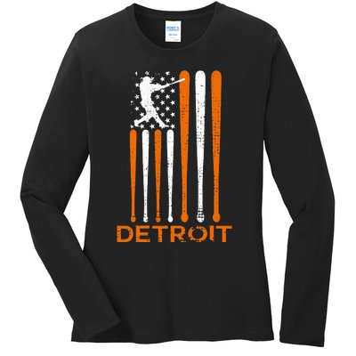 Detroit Baseball Soul American Us Flag Ladies Long Sleeve Shirt