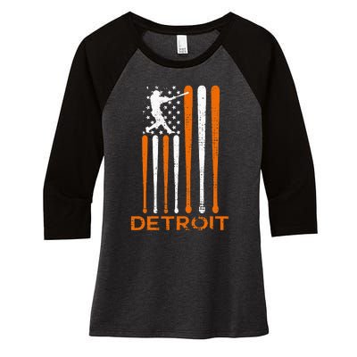 Detroit Baseball Soul American Us Flag Women's Tri-Blend 3/4-Sleeve Raglan Shirt