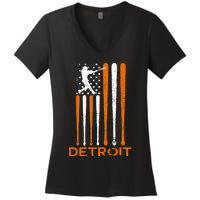 Detroit Baseball Soul American Us Flag Women's V-Neck T-Shirt