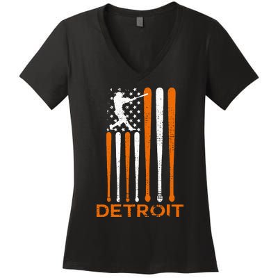 Detroit Baseball Soul American Us Flag Women's V-Neck T-Shirt