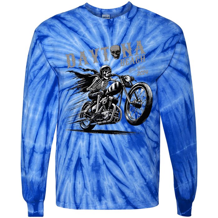 Daytona Beach Skeleton Rider Motorcycle Bike Week Tie-Dye Long Sleeve Shirt