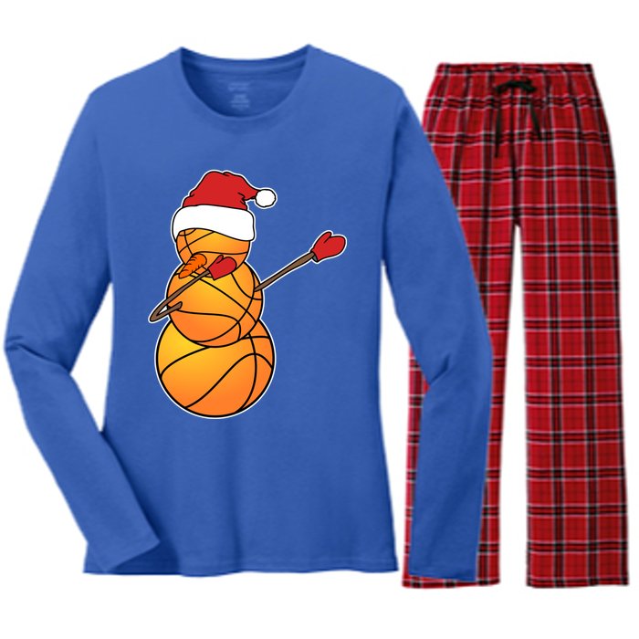 Dabbing Basketball Snow Santa Hat Funny Christmas Sports Gift Women's Long Sleeve Flannel Pajama Set 