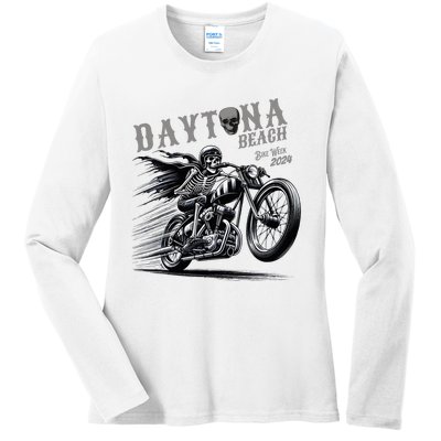 Daytona Beach Skeleton Rider Motorcycle Bike Week Ladies Long Sleeve Shirt