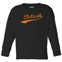 Detroit Baseball Style Cracked Lettering City Pride Toddler Long Sleeve Shirt