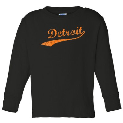 Detroit Baseball Style Cracked Lettering City Pride Toddler Long Sleeve Shirt