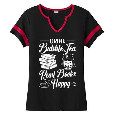 Drink Bubble Tea Read Books Be Happy Cute Kawaii Boba Tea Ladies Halftime Notch Neck Tee