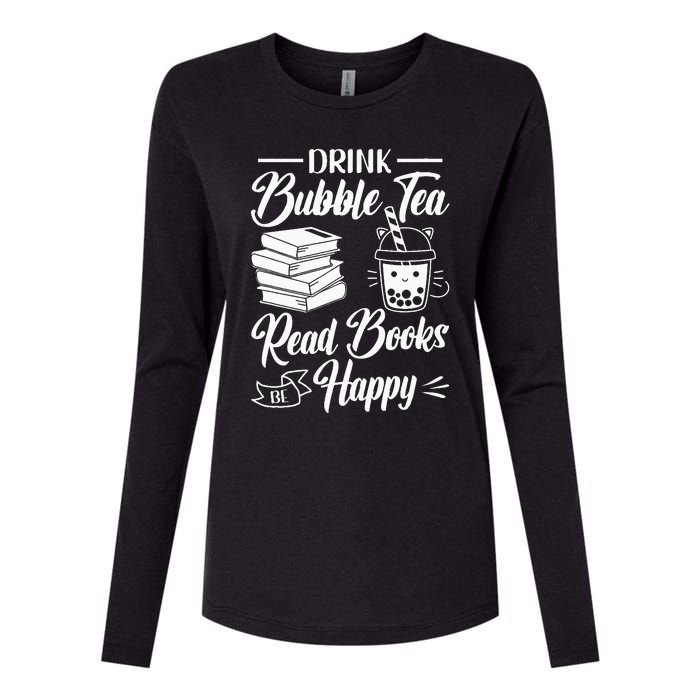 Drink Bubble Tea Read Books Be Happy Cute Kawaii Boba Tea Womens Cotton Relaxed Long Sleeve T-Shirt