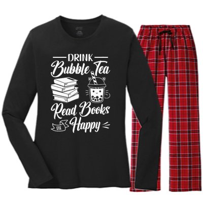 Drink Bubble Tea Read Books Be Happy Cute Kawaii Boba Tea Women's Long Sleeve Flannel Pajama Set 