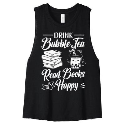 Drink Bubble Tea Read Books Be Happy Cute Kawaii Boba Tea Women's Racerback Cropped Tank