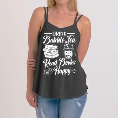 Drink Bubble Tea Read Books Be Happy Cute Kawaii Boba Tea Women's Strappy Tank