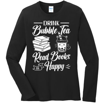 Drink Bubble Tea Read Books Be Happy Cute Kawaii Boba Tea Ladies Long Sleeve Shirt