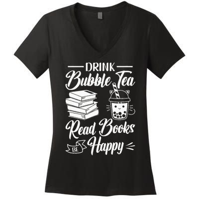 Drink Bubble Tea Read Books Be Happy Cute Kawaii Boba Tea Women's V-Neck T-Shirt